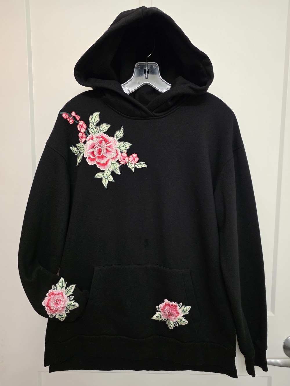 H&M Black Hoodie Sweater with Pink Rose Embroidery